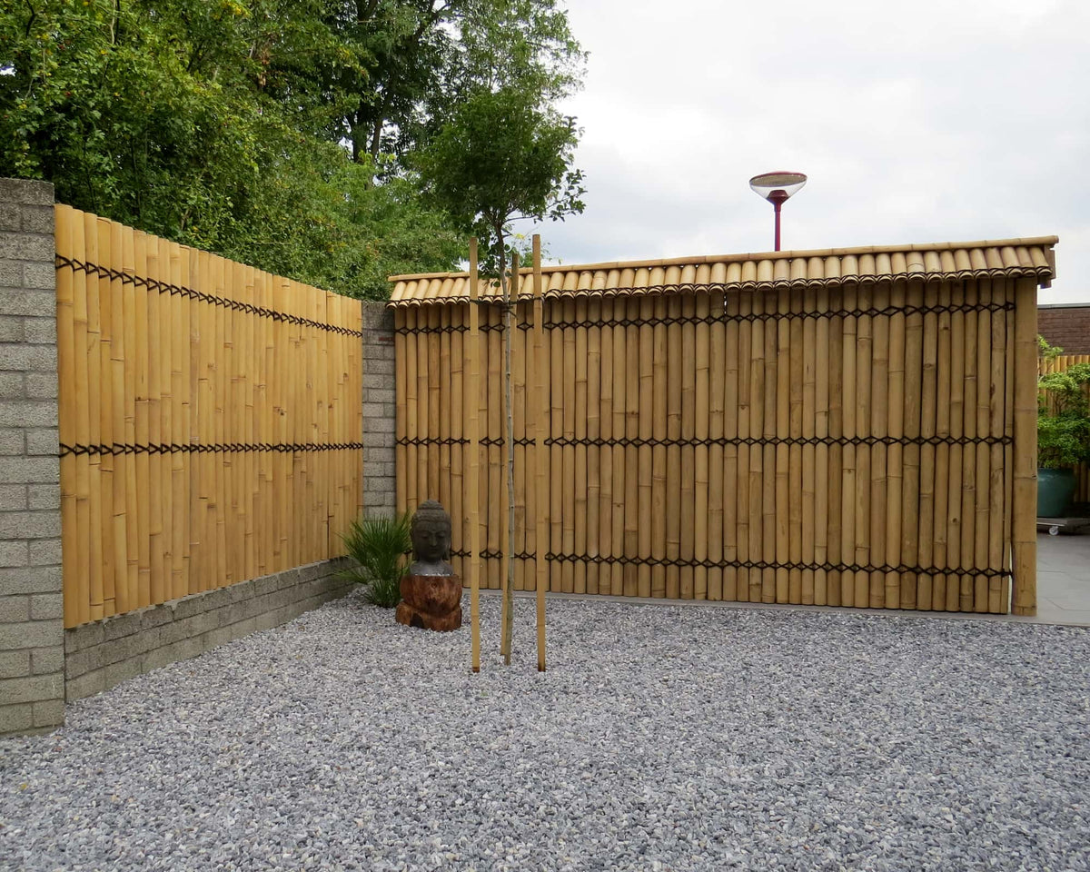 Moderne tuin met strak geplaatste halfronde bamboeschermen voor een minimalistische uitstraling